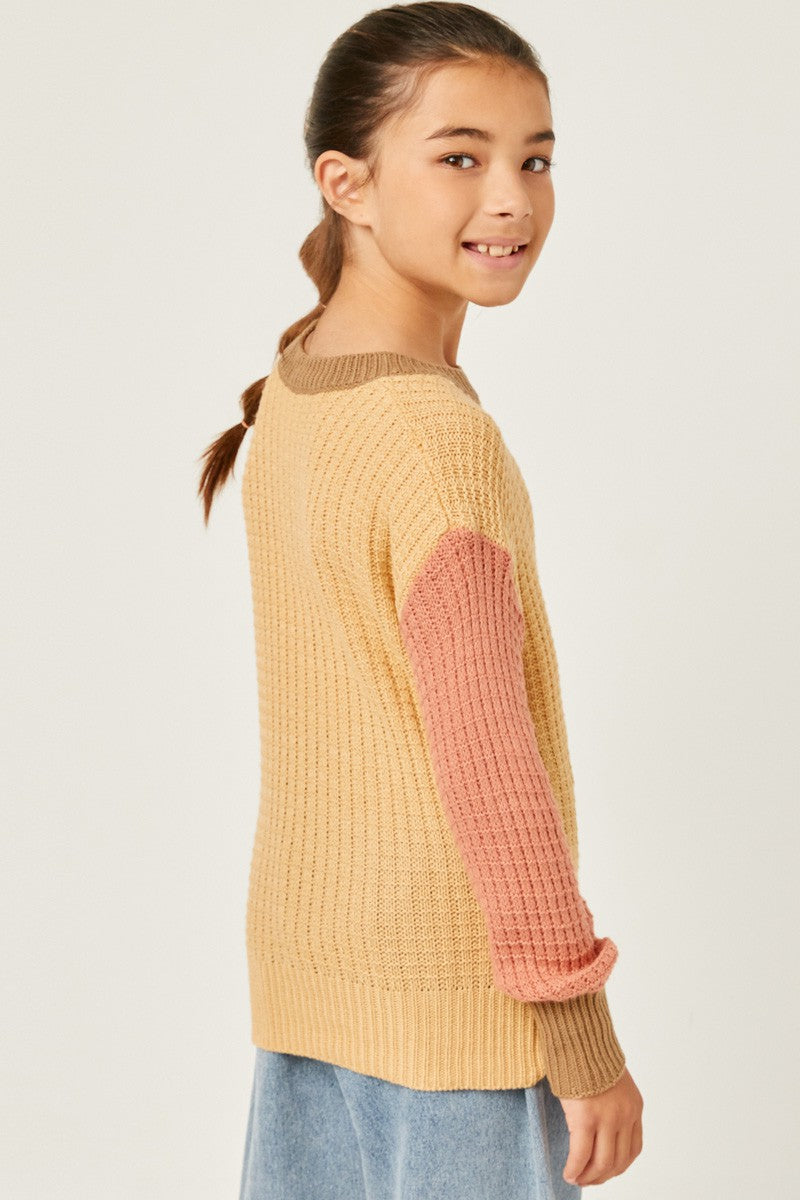 Tween Color Block Waffle Knit Sweater - Multi Taupe