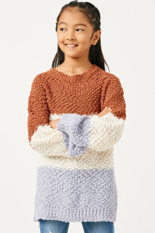 Tween Color Block Popcorn Sweater - Multi Rust