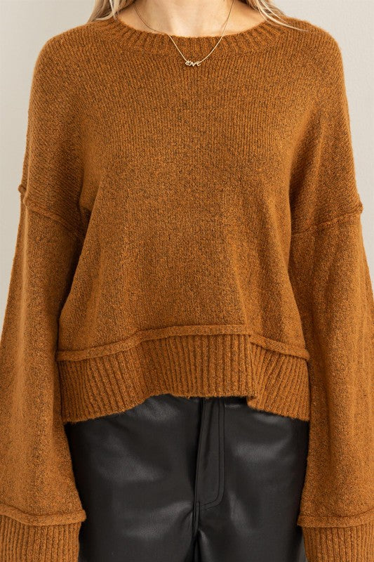 Ribbed Hem Detail Sweater - Brown