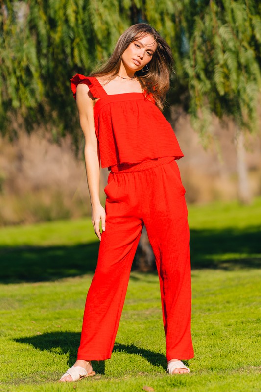Gauze Sleeveless Top and Pants Set - Red