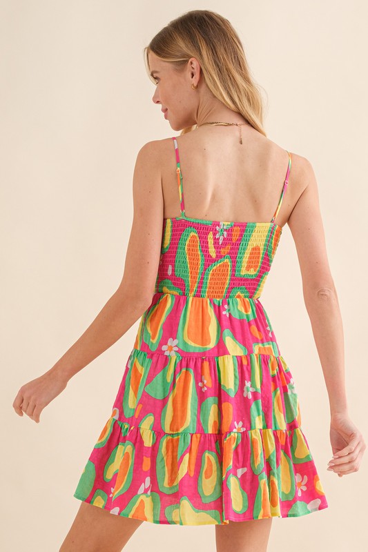 Printed Front Drawstring Dress - Pink Multi