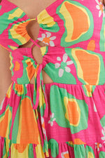 Printed Front Drawstring Dress - Pink Multi