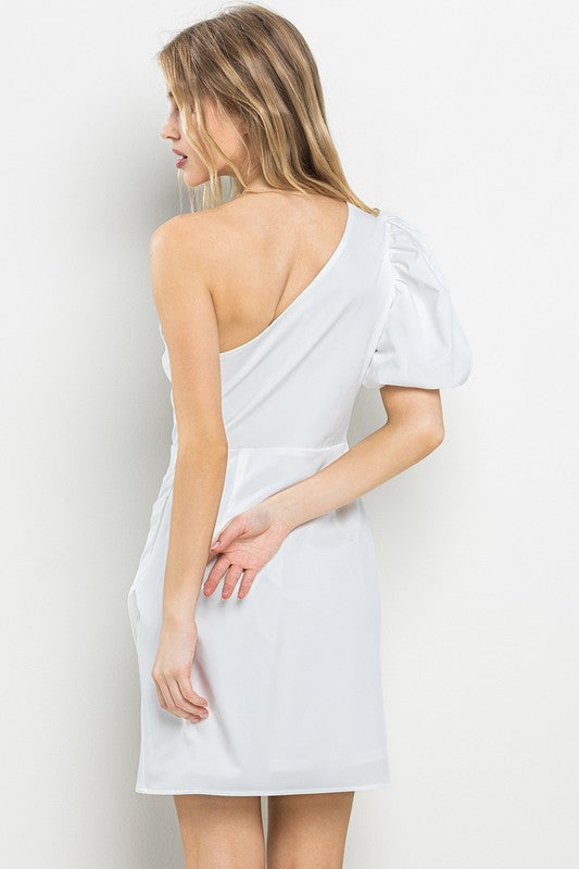 One Shoulder Puff Sleeve Mini Dress - White