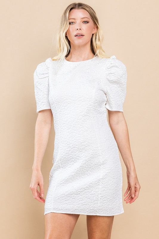 Textured Puff Sleeve Mini Dress - White