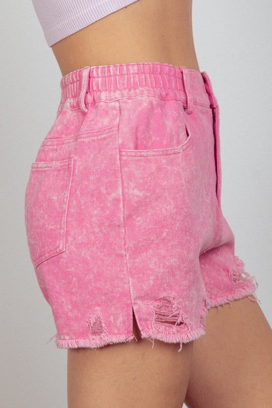 Washed Denim Cargo Shorts - Pink