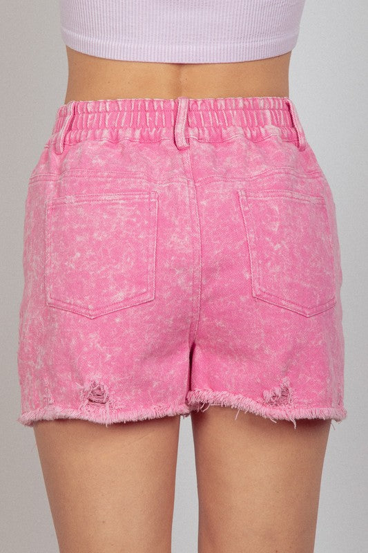 Elastic Waist Denim Shorts - Pink