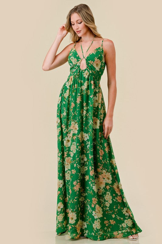 Chiffon Floral Maxi Dress - Green