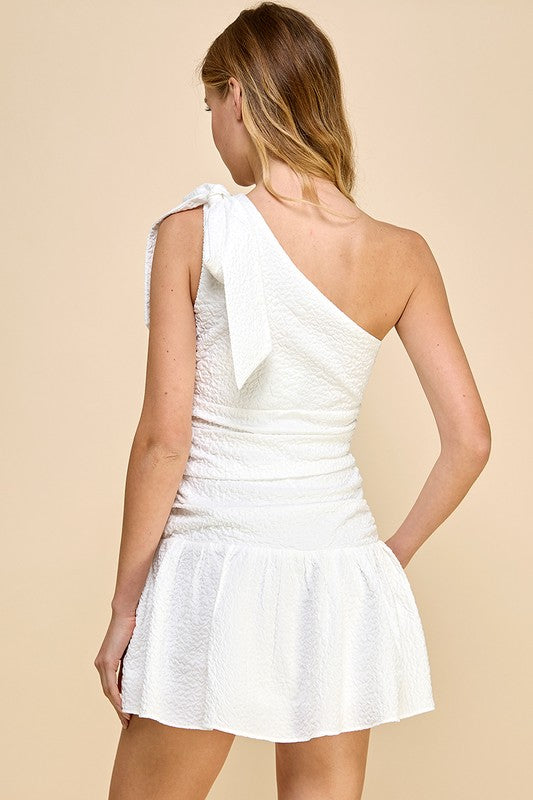 One Shoulder Ruched Dress - White