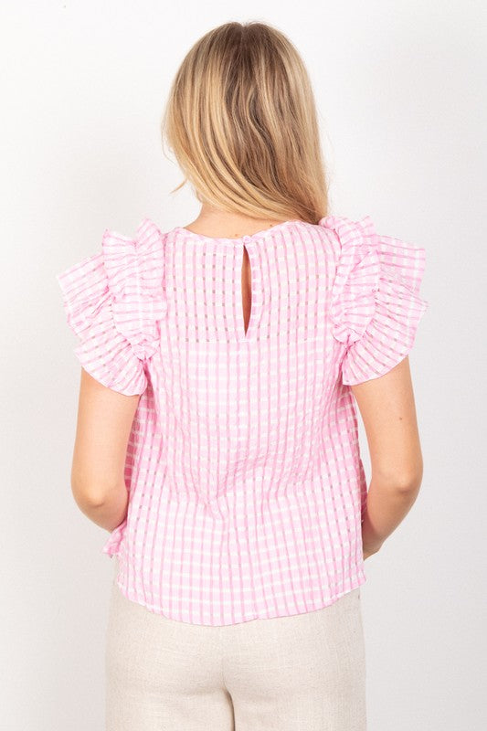 Gingham Ruffle Sleeve Top - Pink