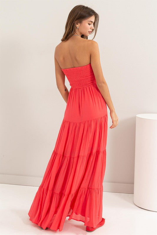 Strapless Tiered Maxi Dress - Coral