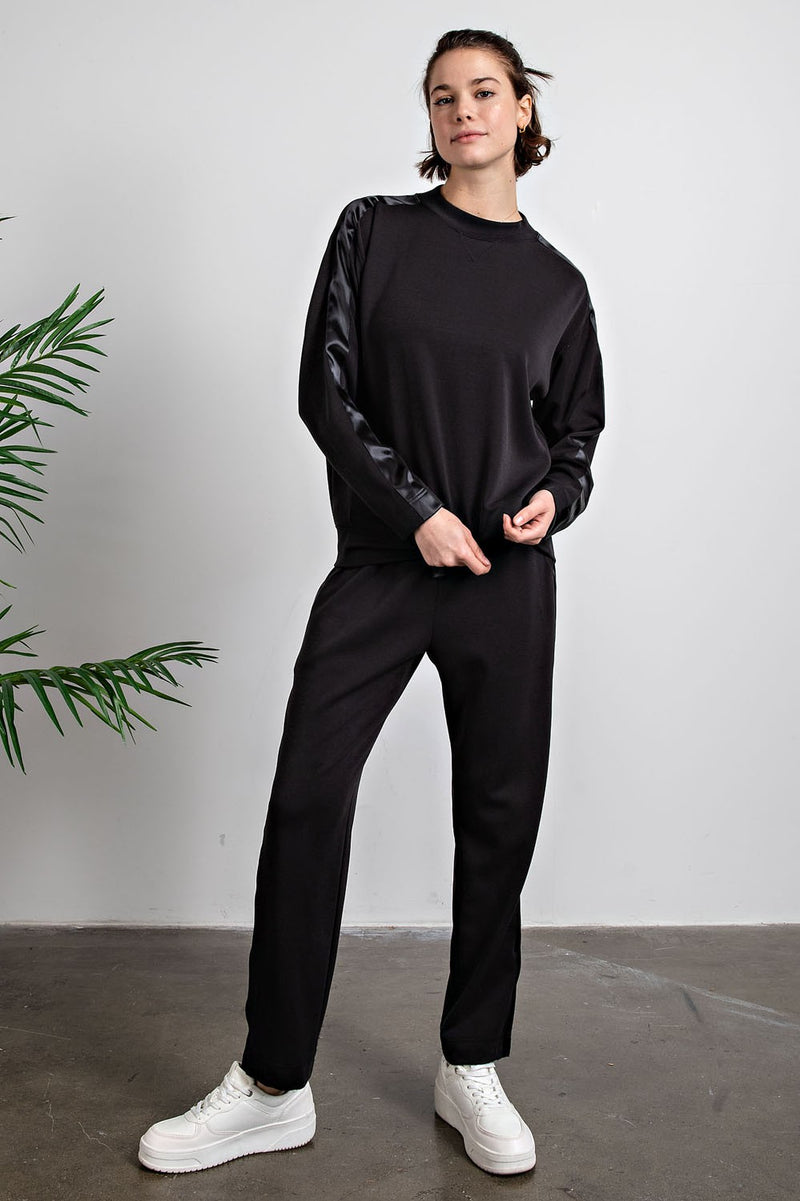 Buttery Crewneck with Side Satin Detail - Black