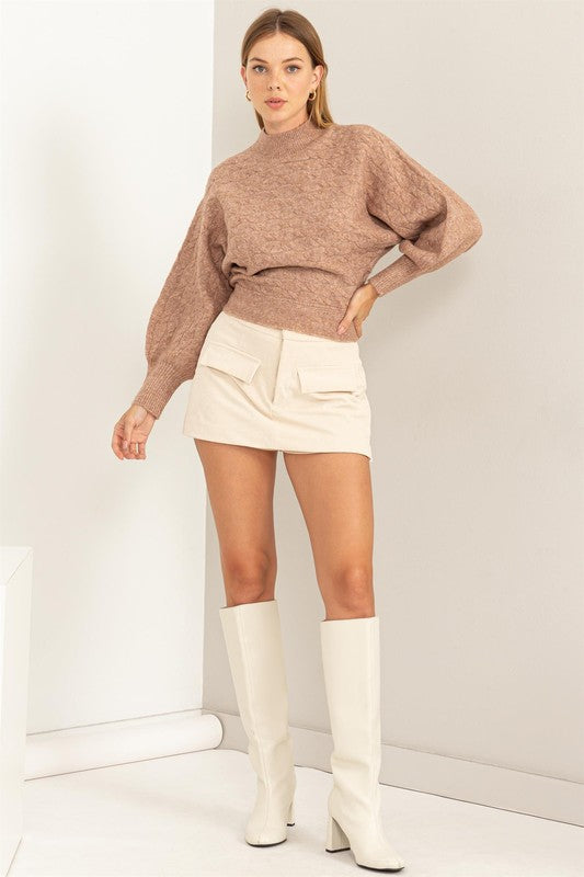 Cable Knit Dolman Back Tie Sweater - Apricot