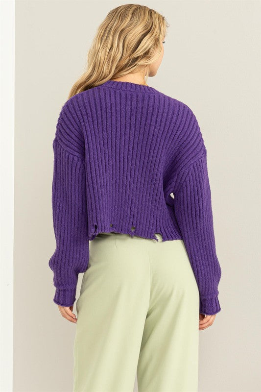 Ribbed Distressed Hem Sweater - Purple