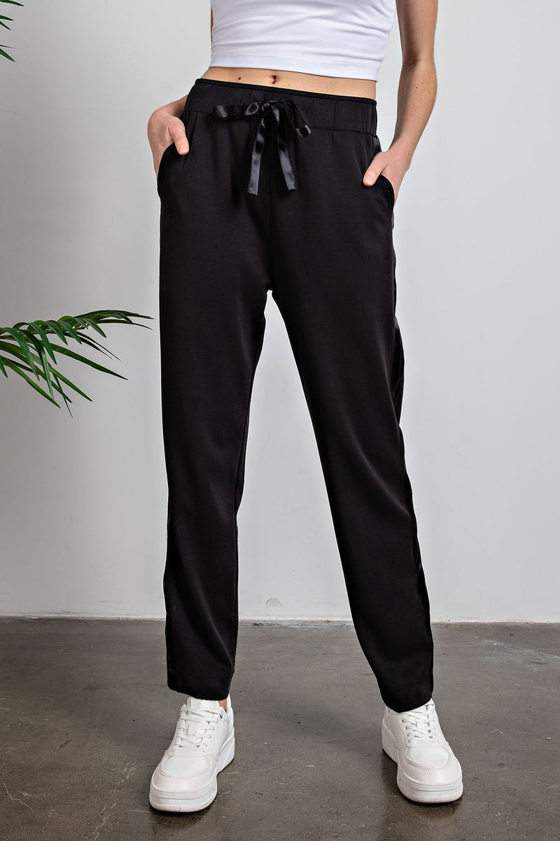 Buttery Straight Leg Jogger with Satin Side Detail - Black