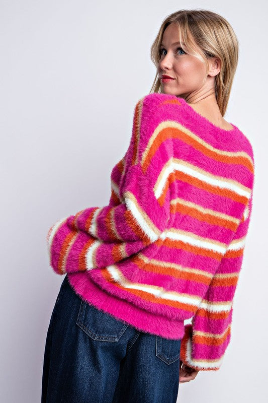 Striped Brushed Mohair Sweater - Pink Multi