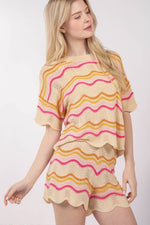Wave Knit Top and Shorts Set - Beige Multi