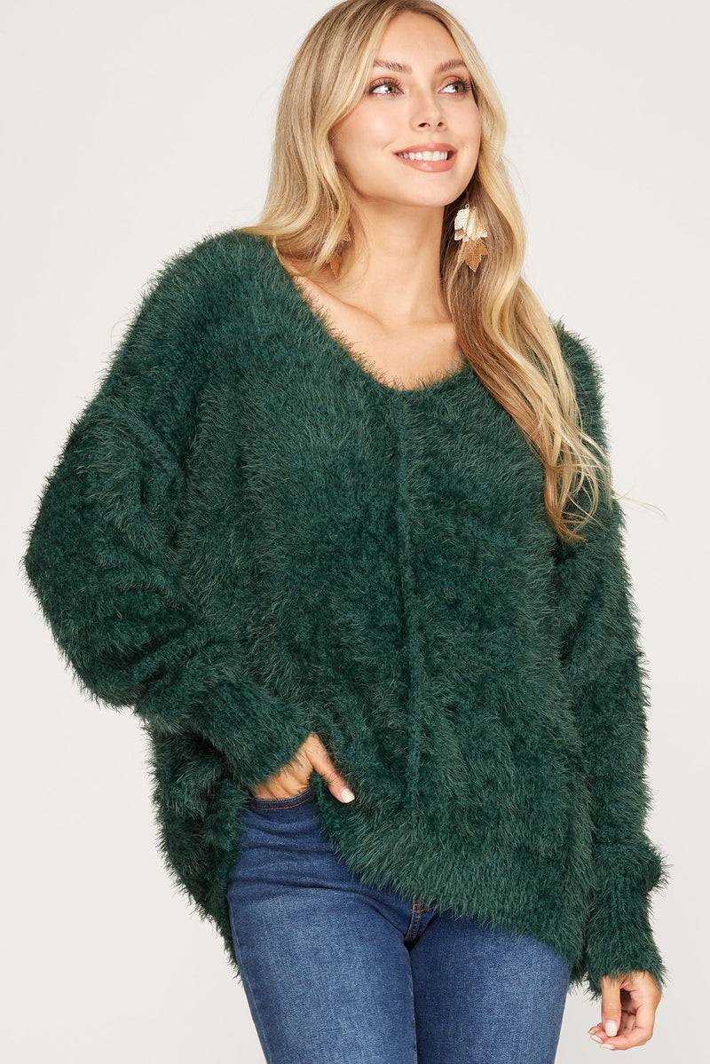 Scoop Neck Fuzzy Knit Sweater - Kelly Green