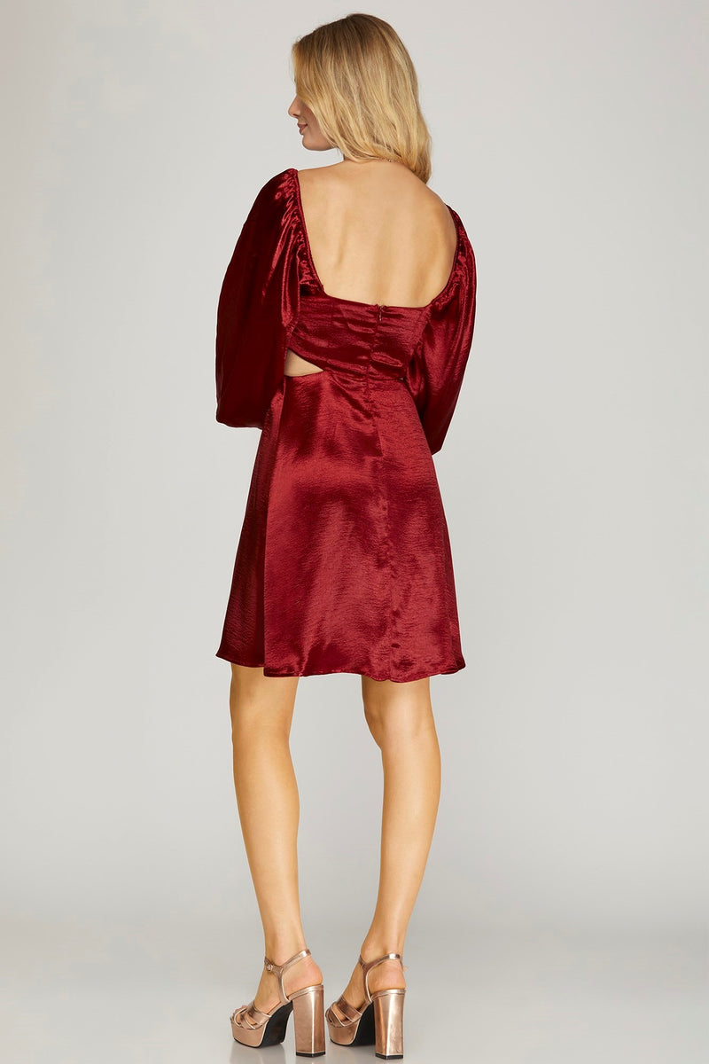 Satin Bubble Sleeve Cut Out Padded Dress - Crimson