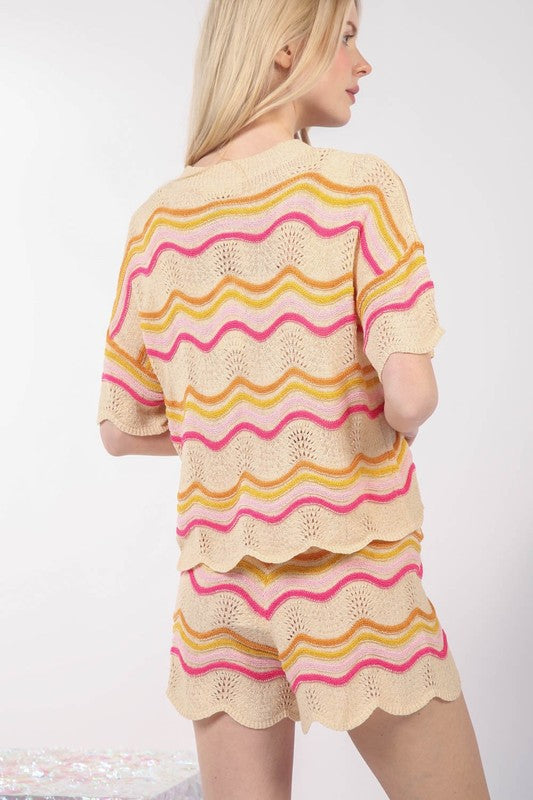 Wave Knit Top and Shorts Set - Beige Multi