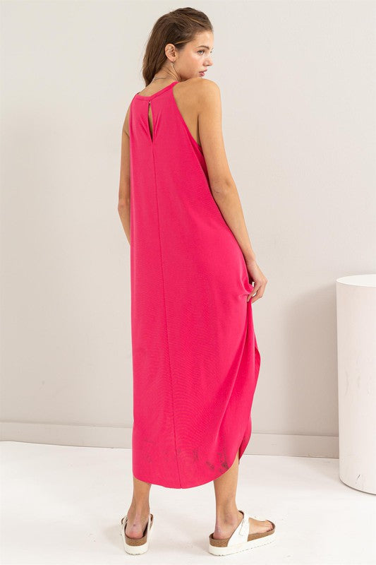 Halter Asymmetrical Midi Dress - Raspberry