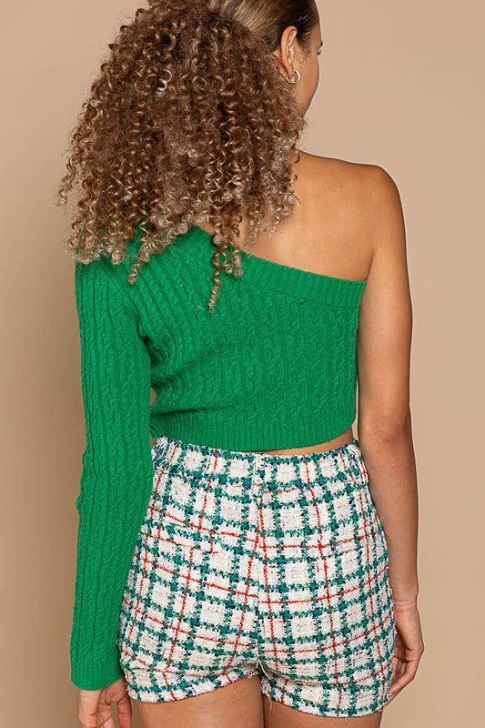 Cropped One Shoulder Sweater - Green