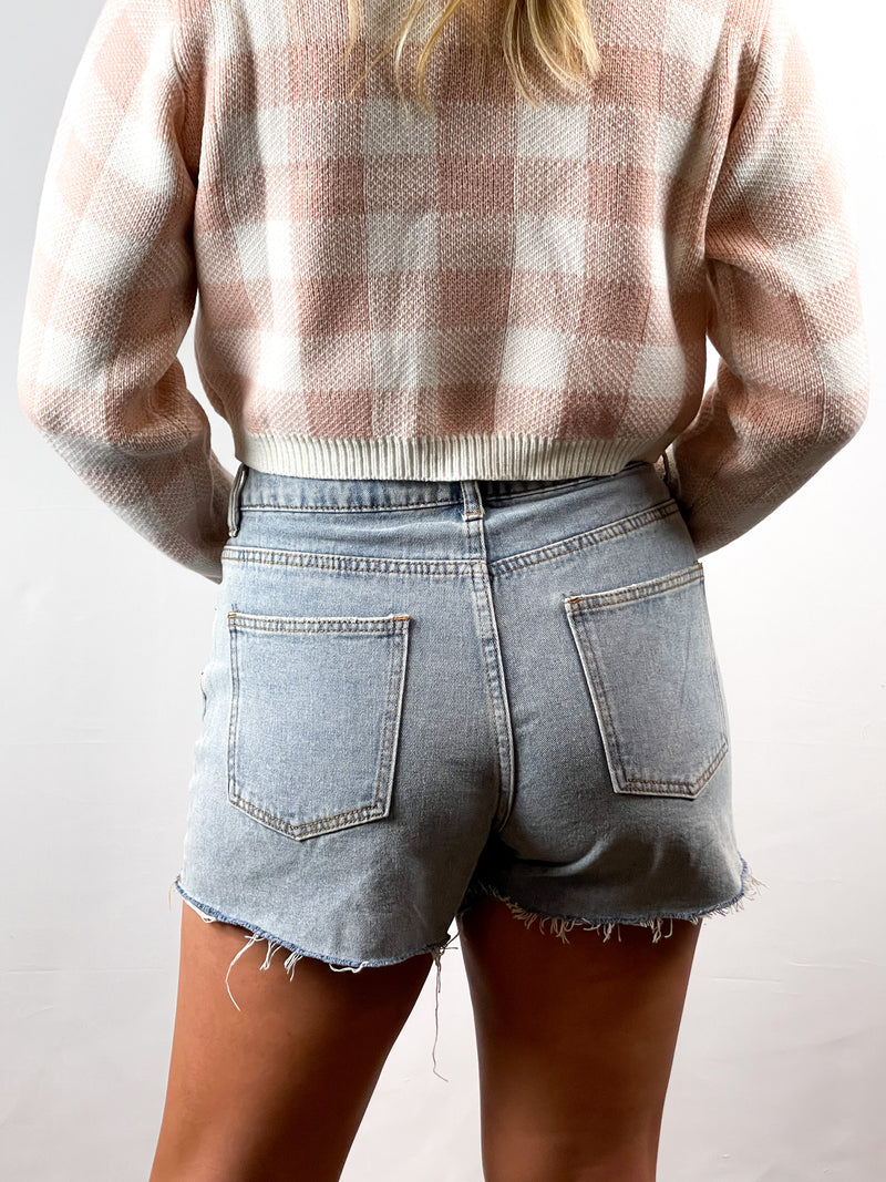 Frayed 5 Pocket Denim Shorts - Light Denim
