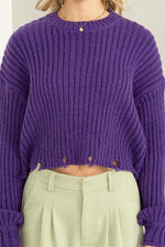 Ribbed Distressed Hem Sweater - Purple