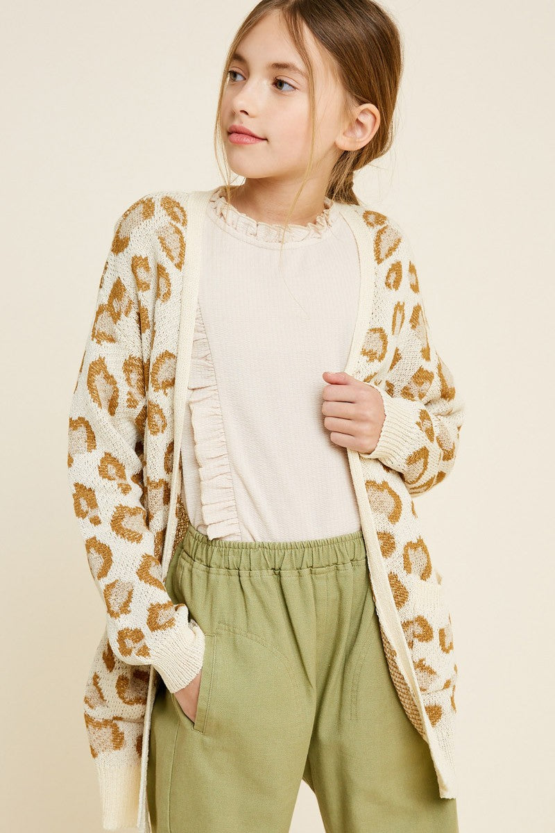 Tween Leopard Print Open Front Cardigan - Brown