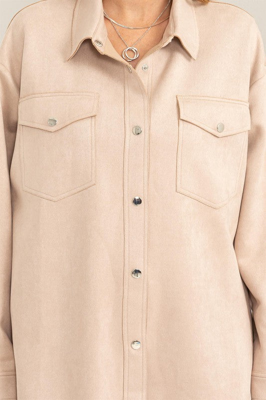 Sueded Button Down Shacket - Ecru