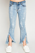 Tween Split Flare Frayed Hem Jean - Light Wash