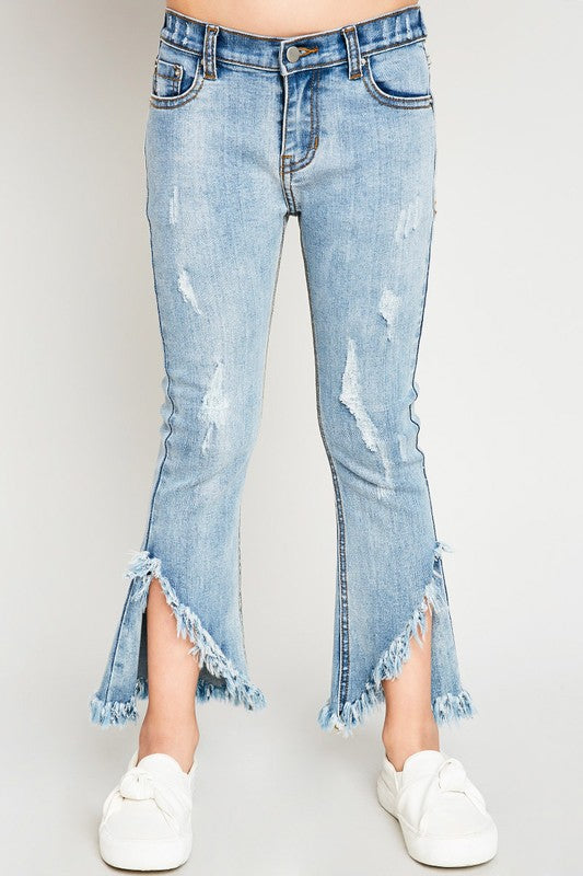 Tween Split Flare Frayed Hem Jean - Light Wash