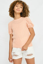 Tween Swiss Dot Puff Sleeve Top - Blush