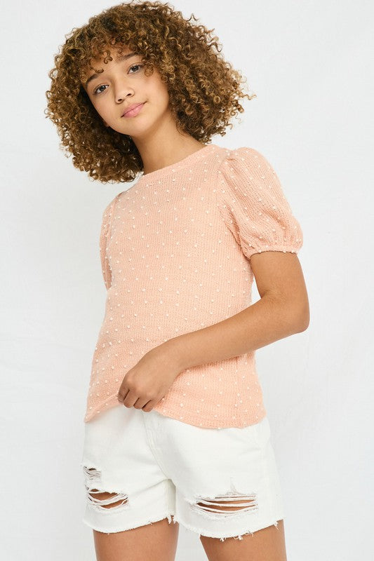 Tween Swiss Dot Puff Sleeve Top - Blush