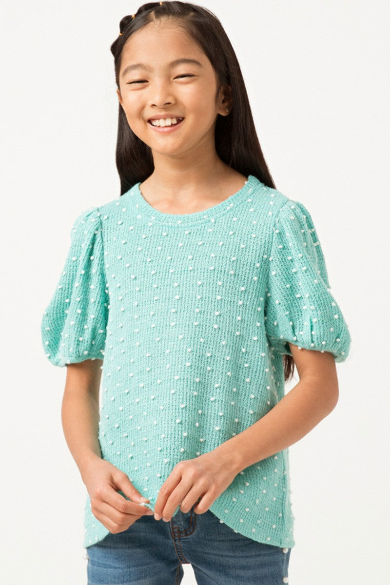 Tween Swiss Dot Puff Sleeve Top - Aqua