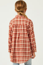 Tween Oversized Plaid Button Up - Rust