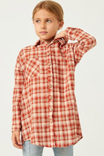 Tween Oversized Plaid Button Up - Rust