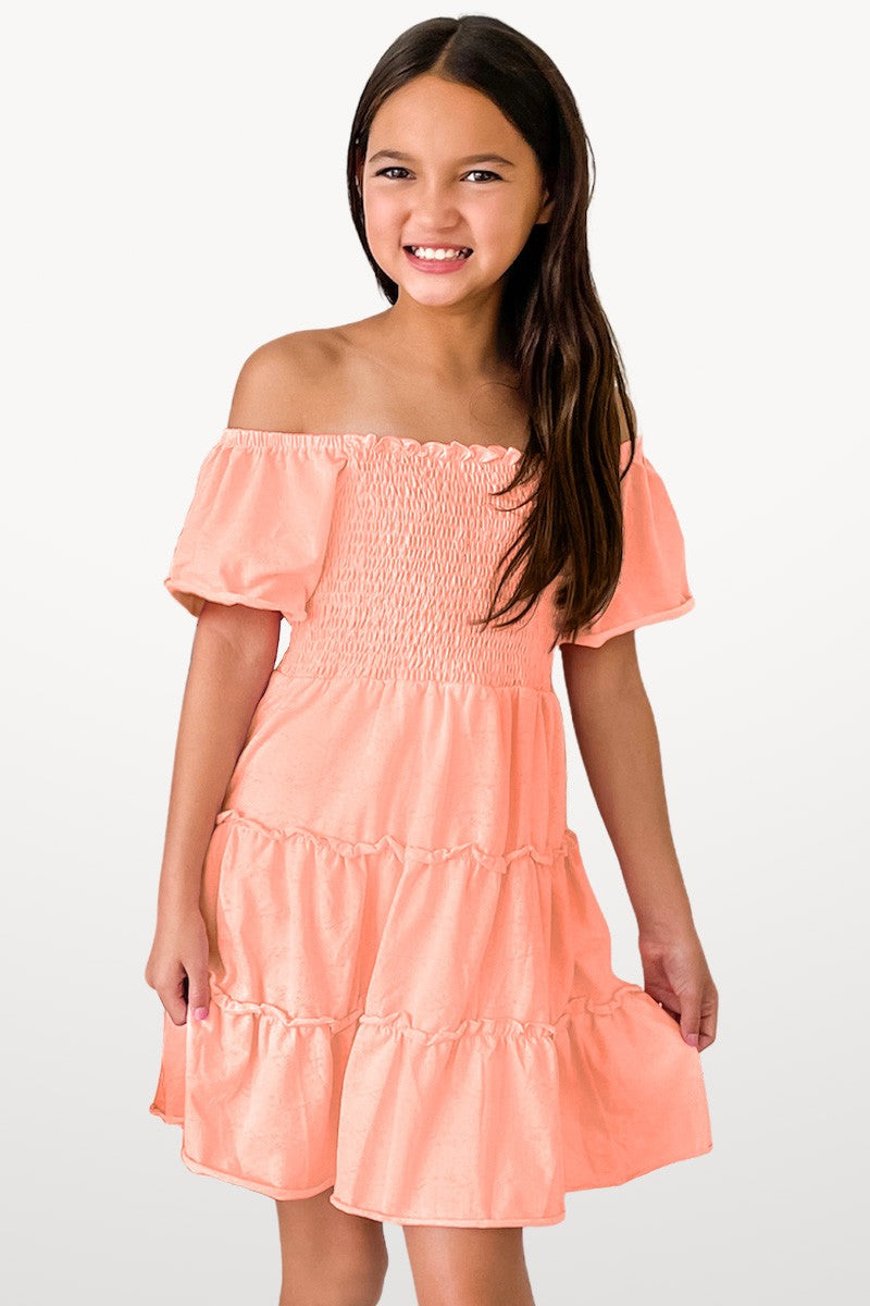 Tween Smocked Off the Shoulder Tiered Dress - Salmon