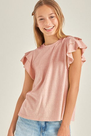 Tween Flutter Sleeve Top - Heathered Lime