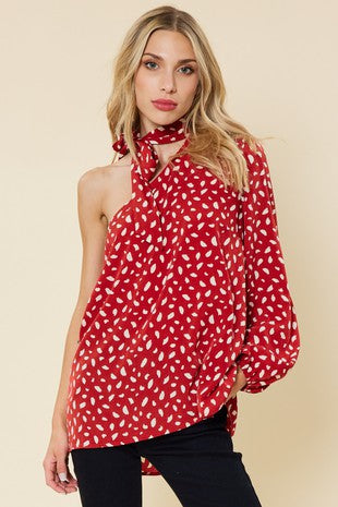 Spot Print One Shoulder Top - Red