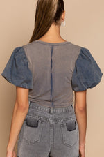 Puff Sleeve Cropped Top - Denim Blue