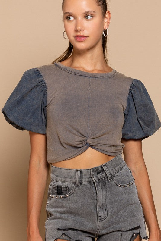 Puff Sleeve Cropped Top - Denim Blue