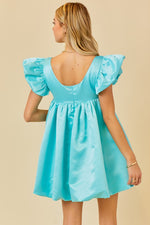 RUFFLE SLEEVE SATIN BUBBLE DRESS - AQUA