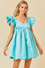 RUFFLE SLEEVE SATIN BUBBLE DRESS - AQUA