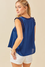 RUFFLE DETAIL SATIN TOP - NAVY