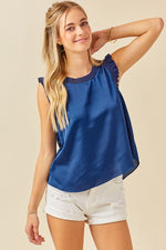 RUFFLE DETAIL SATIN TOP - NAVY