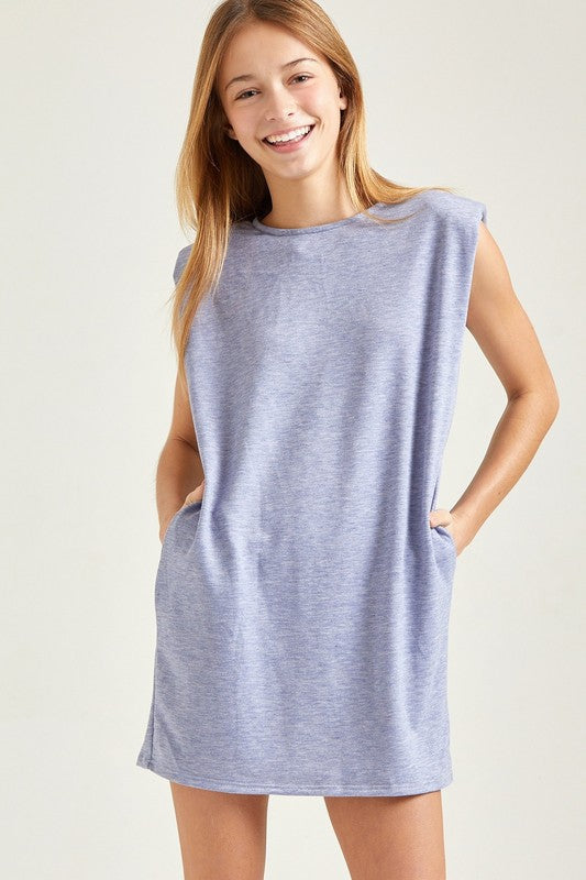 Tween Shoulder Pad Tunic Dress -Heather Blue