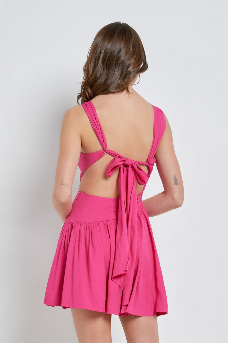 OPEN BACK TIE RUCHED DRESS - HOT PINK