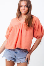 Gauze Bubble Sleeve Babydoll Top - Coral