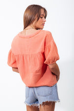 Gauze Bubble Sleeve Babydoll Top - Coral