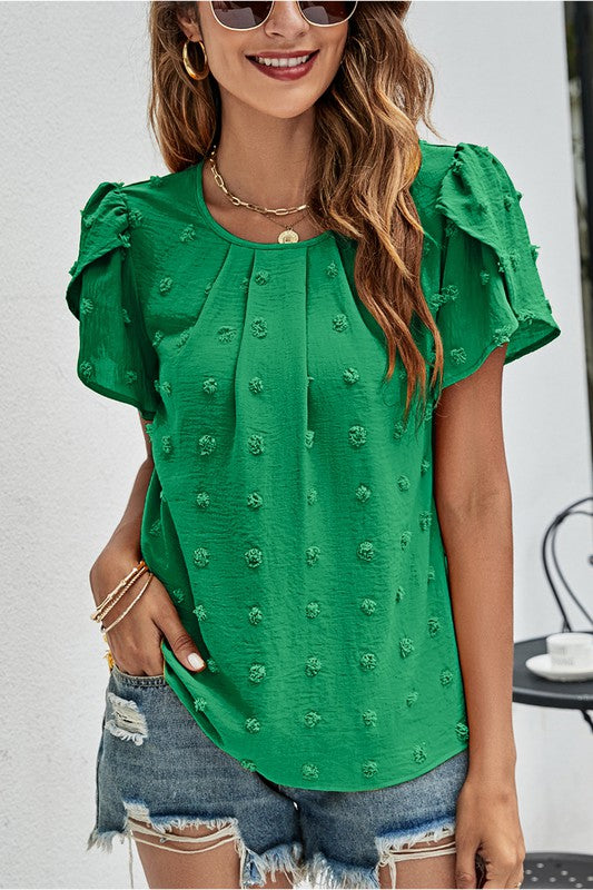 Puff Sleeve Casual Dotted Top - Kelly Green